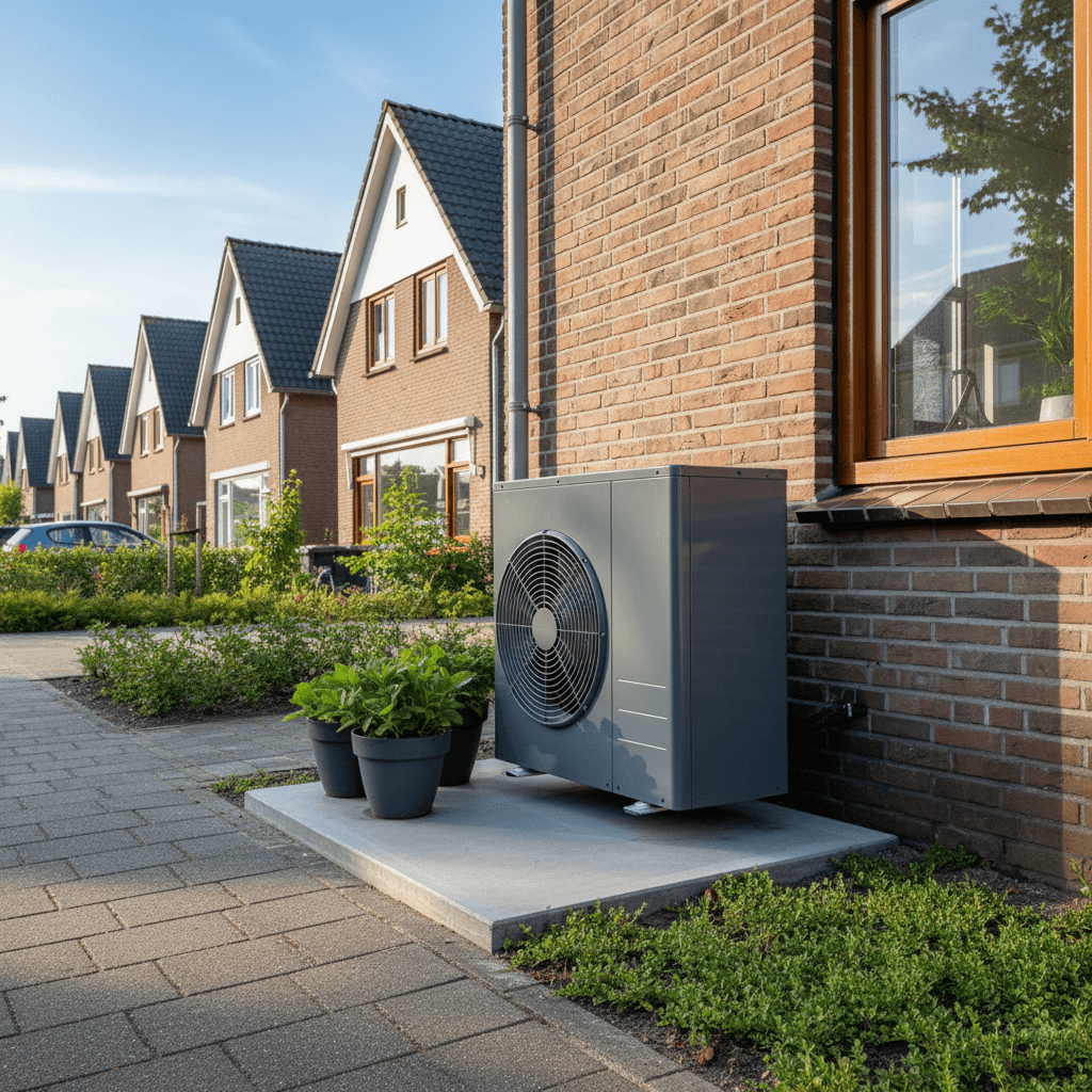 Modern heat pump installed outside a terraced house in Krommenie, sunny day
