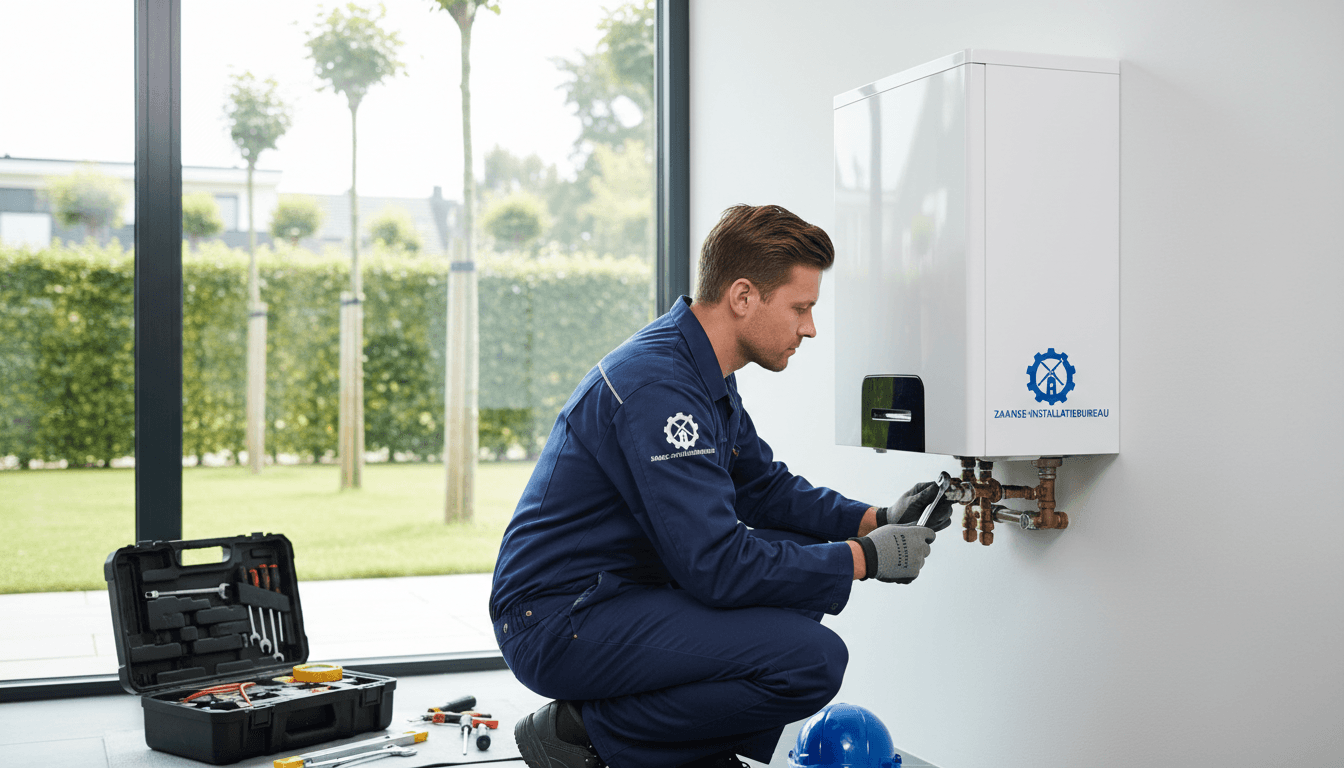 Technician in blue overalls uses a wrench to repair a white wall-mounted boiler indoors.