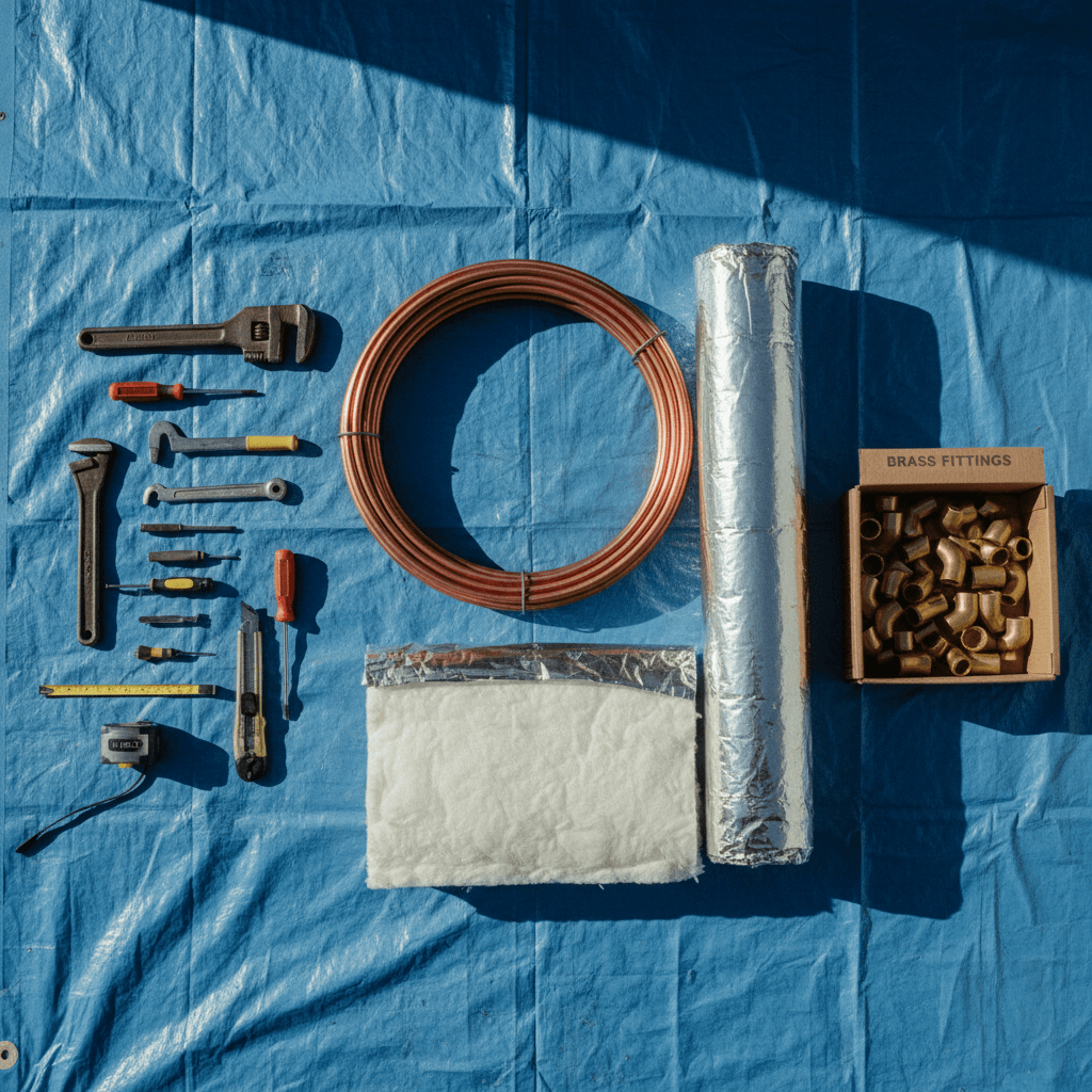 HVAC installation tools and materials arranged on a tarp