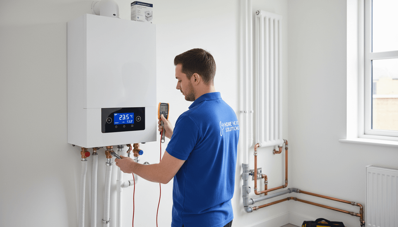 Professional technician installing modern condensing boiler system in bright residential utility room, demonstrating contemporary heating upgrade