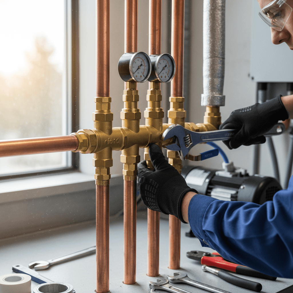 Close-up of a technician's hands checking connections on a heat pump unit
