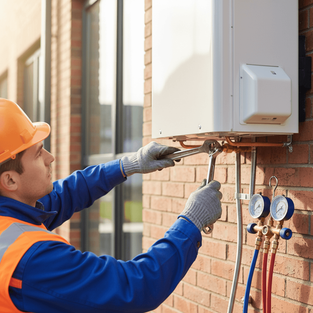 Installer adjusting a heat pump connection in a Dutch home