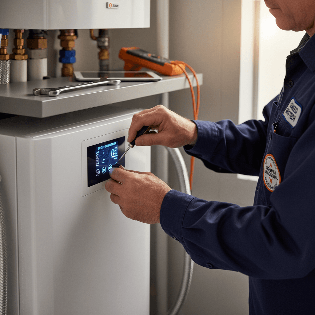Technician adjusting a central heating boiler